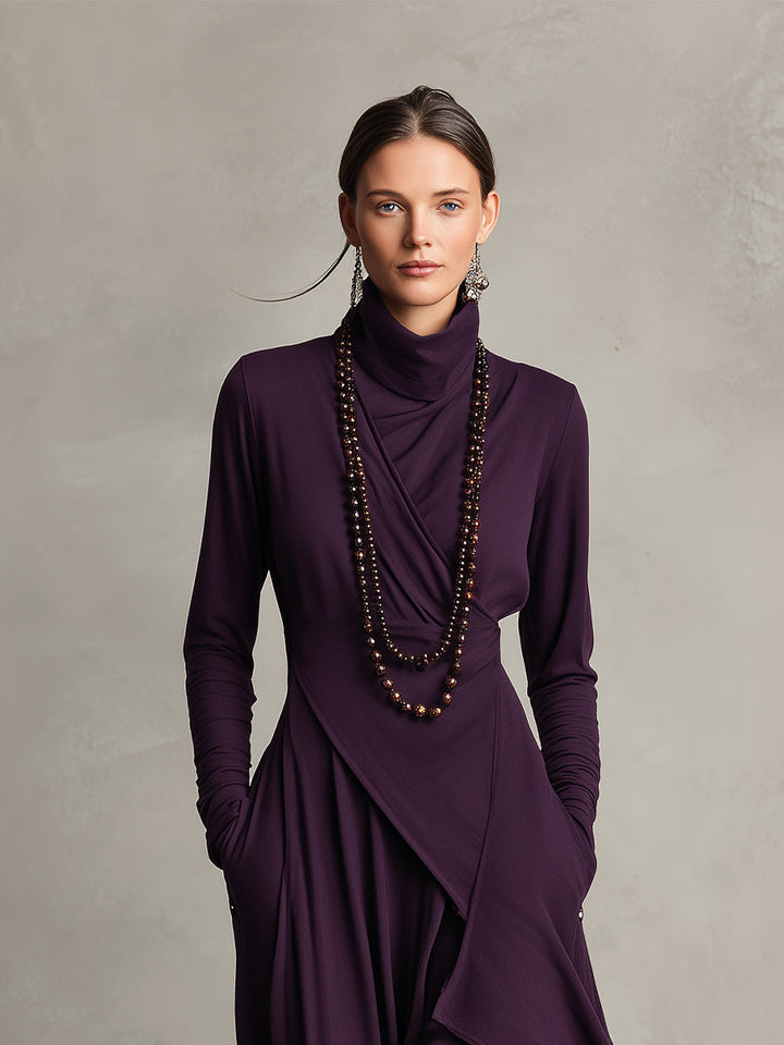 Dames Asymmetrische Gebreide Maxi Jurk met Col