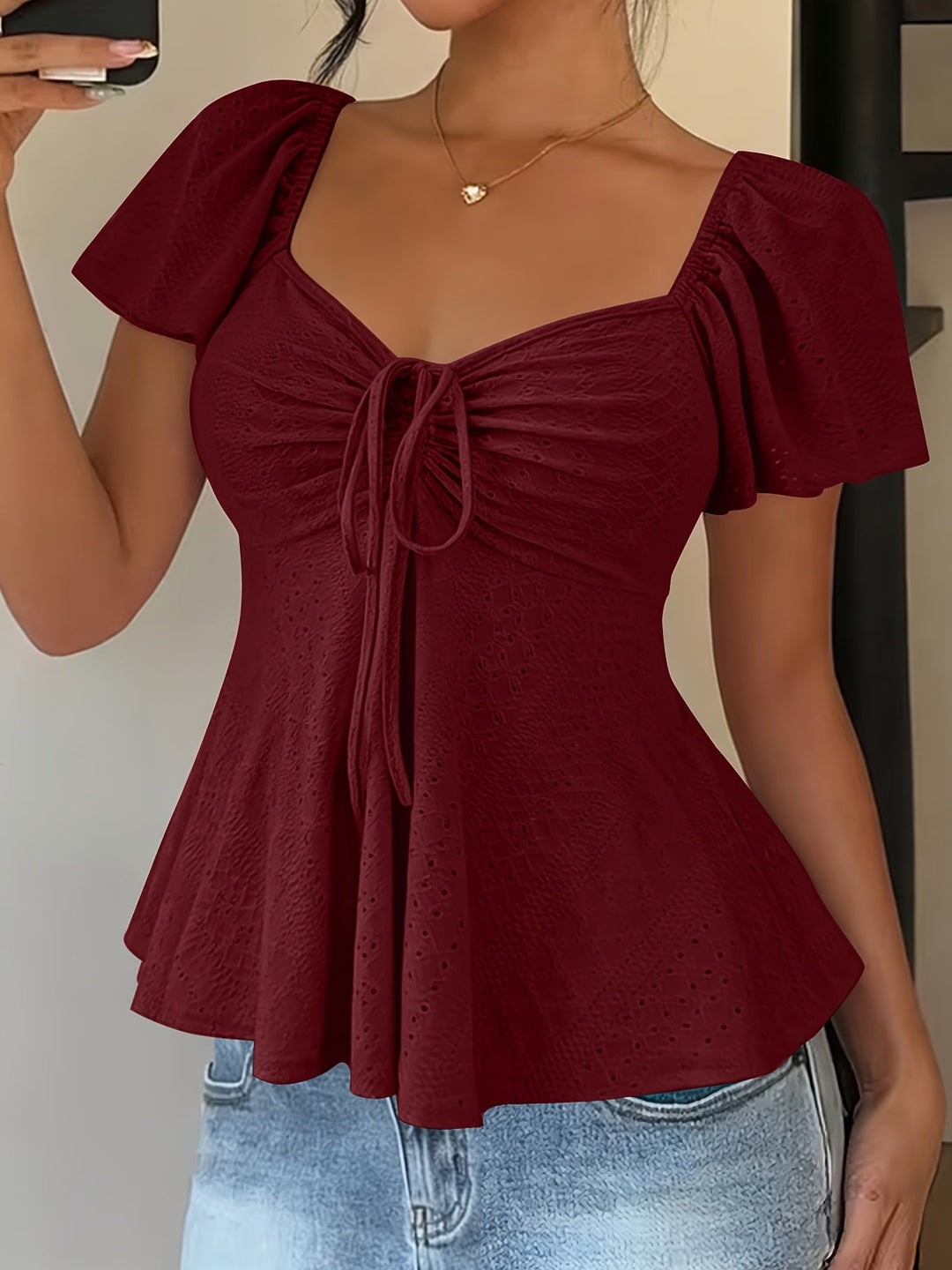 Dames Zomer Blouse Met Trekkoord En V Hals