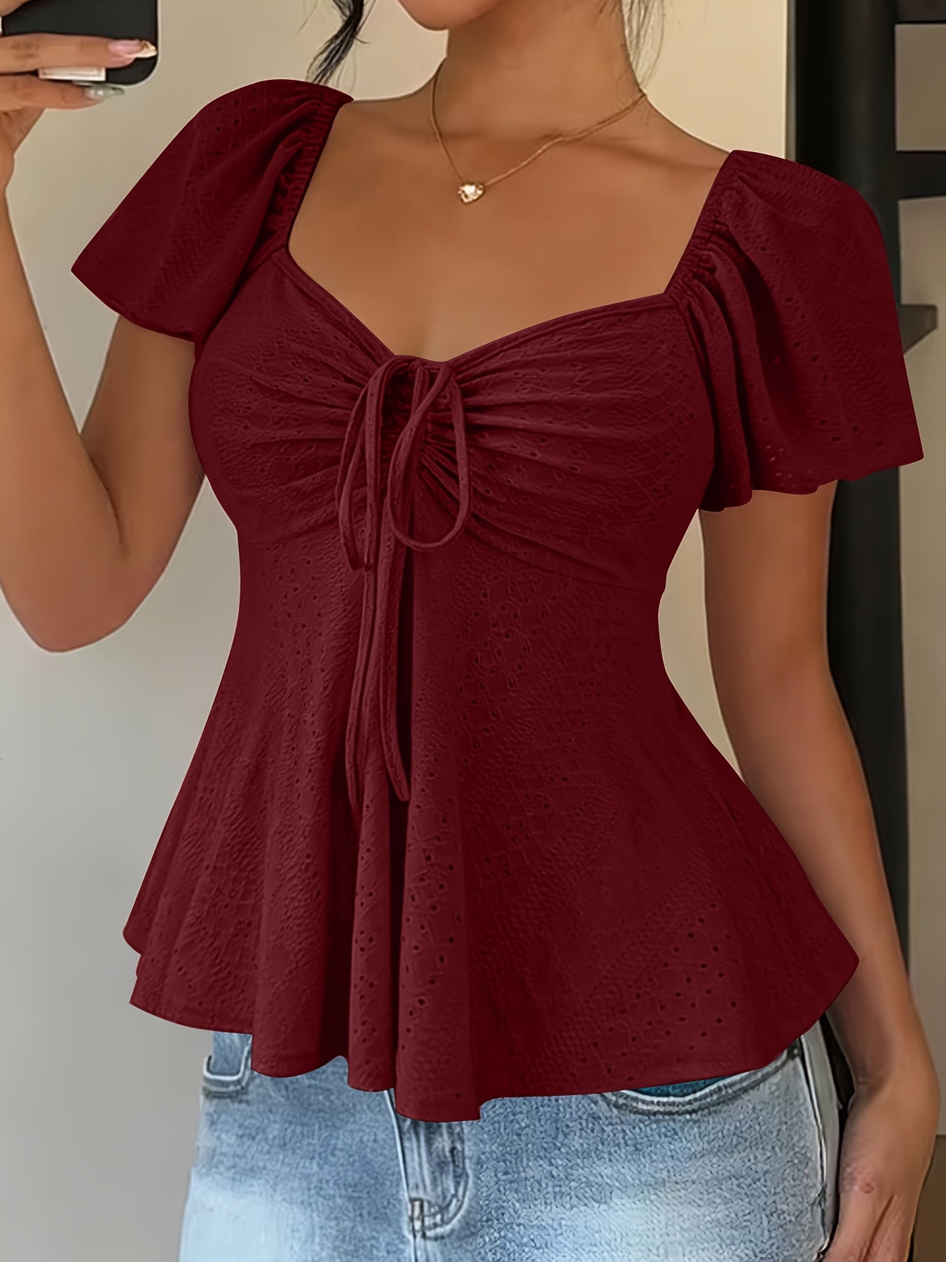 Dames Zomer Blouse Met Trekkoord En V Hals