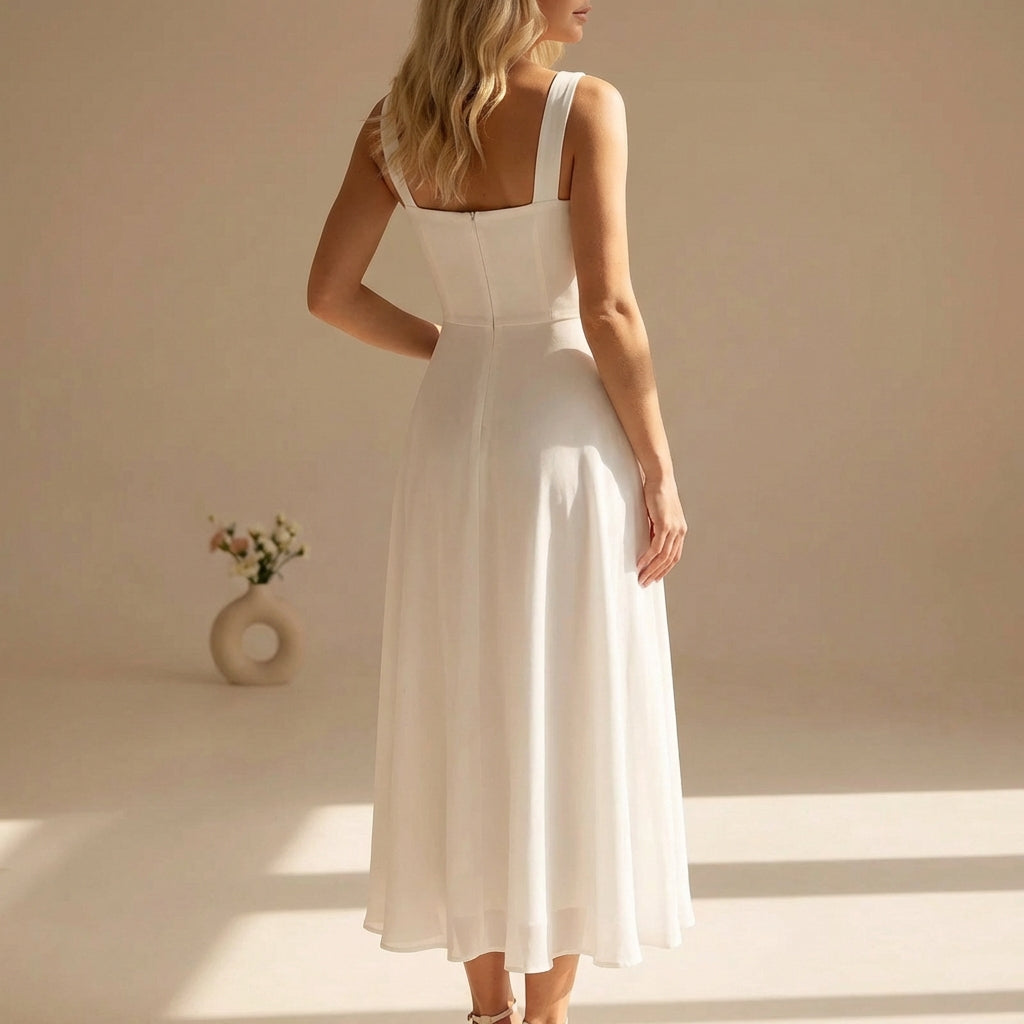 Dames Vierkante Hals Midi Jurk Chiffon