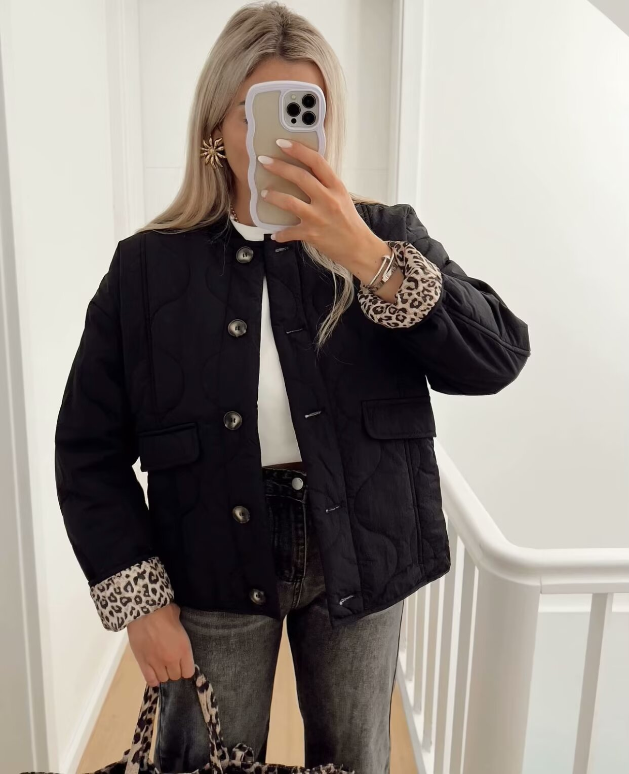 Xylia Jas | Dames Herfst Gewatteerde Jas met Luipaarddetails