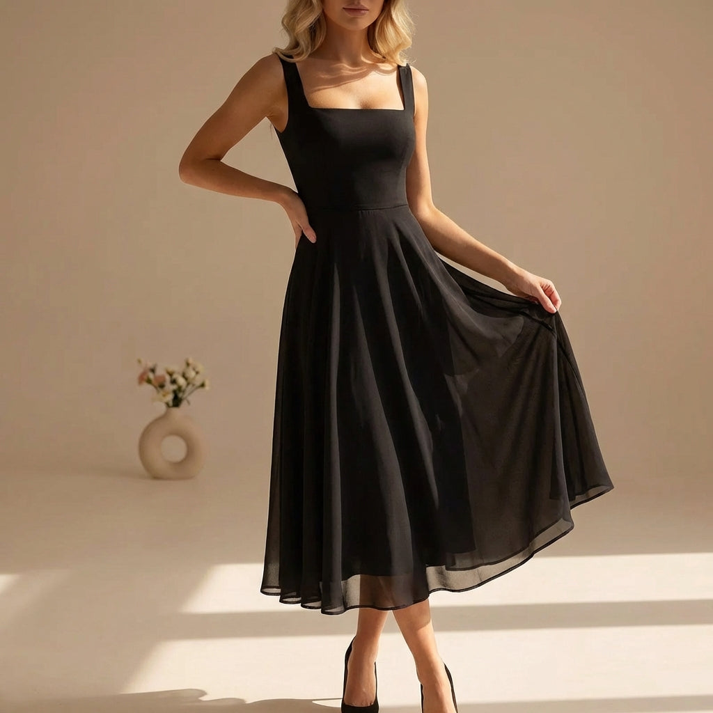 Dames Vierkante Hals Midi Jurk Chiffon