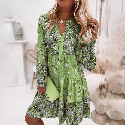 Ovita Jurk | Bloemenprint Lange Mouw Boho Mini Jurk