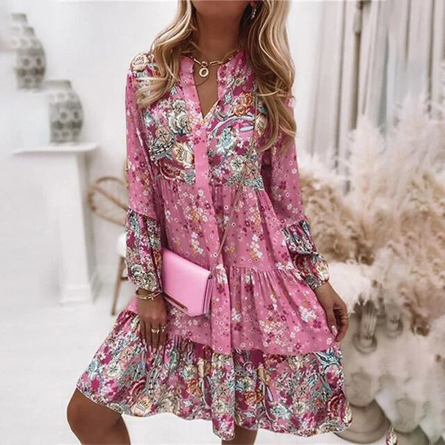 Ovita Jurk | Bloemenprint Lange Mouw Boho Mini Jurk