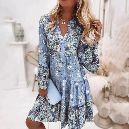Ovita Jurk | Bloemenprint Lange Mouw Boho Mini Jurk