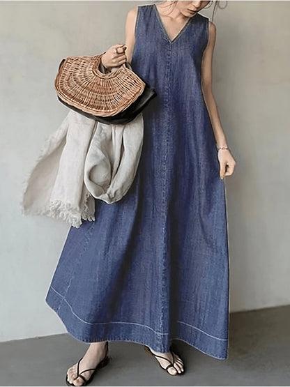Simonne Jurk | V-Hals Mouwloze Denim Jurk