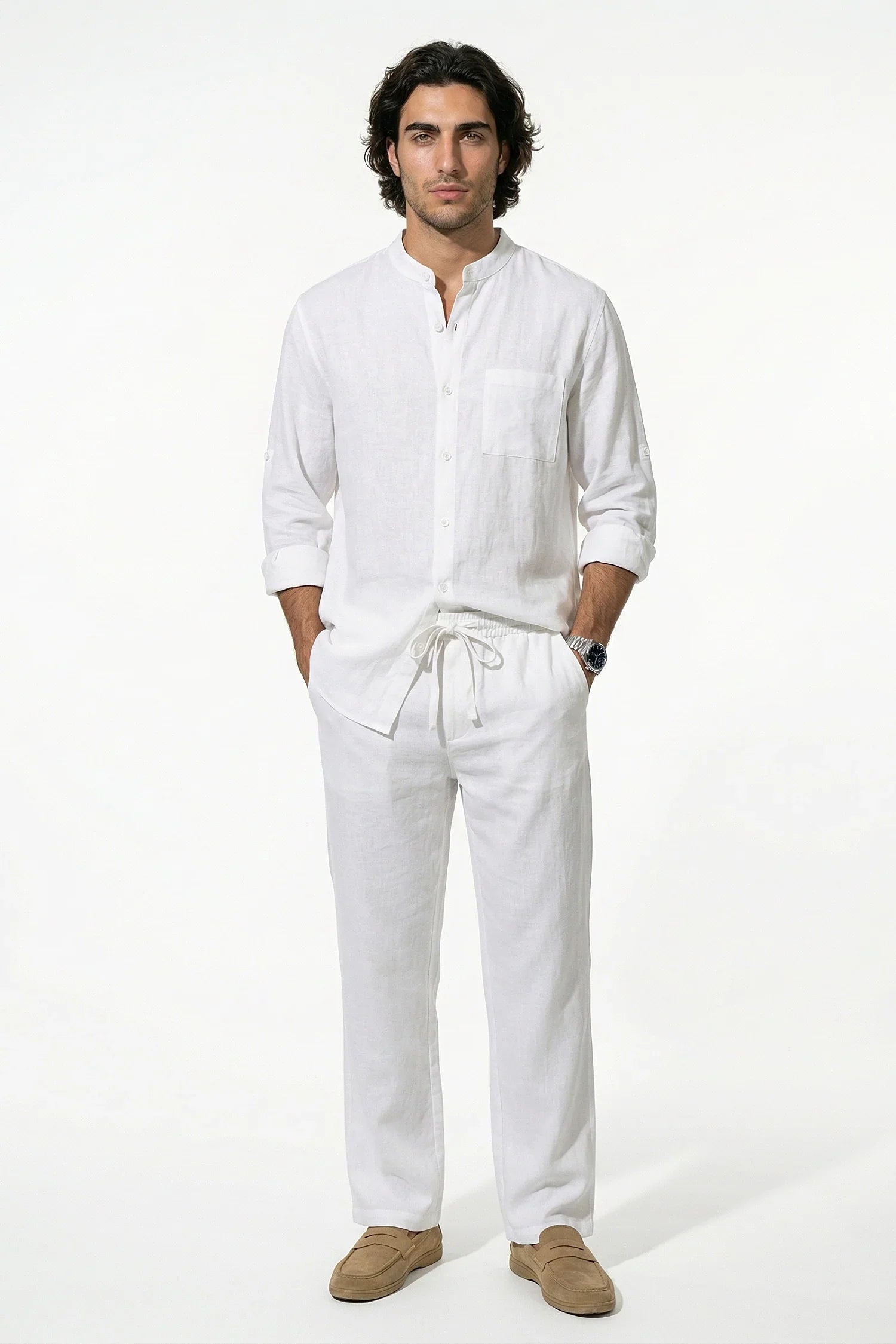Heren Linnen Overhemd en Broek Set