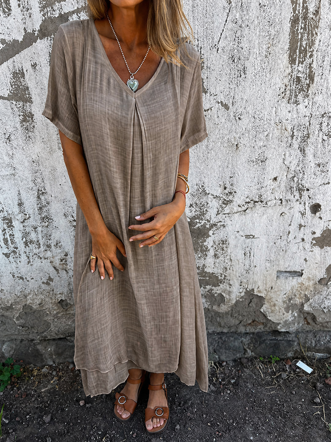 Dames Losse Maxi Jurk met V Hals