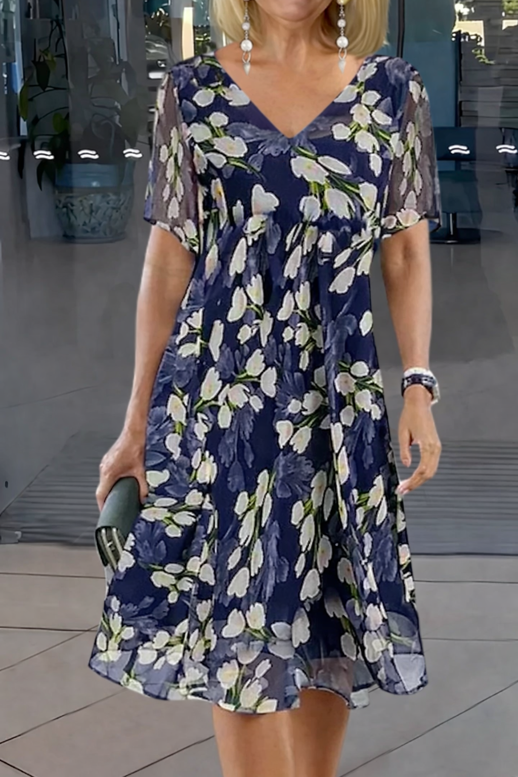 Dames Bloemenprint Dubbele Tuniek Midi Jurk