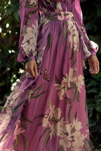 Dames Paarse Bloemenprint Maxi Jurk met Lange Mouwen