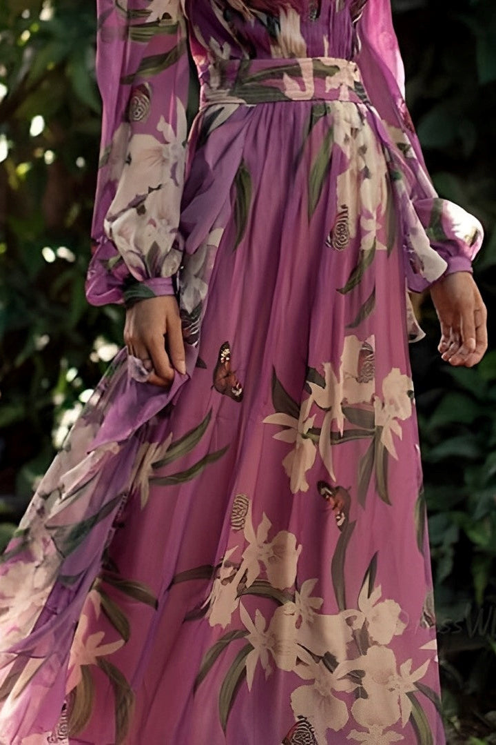 Dames Paarse Bloemenprint Maxi Jurk met Lange Mouwen