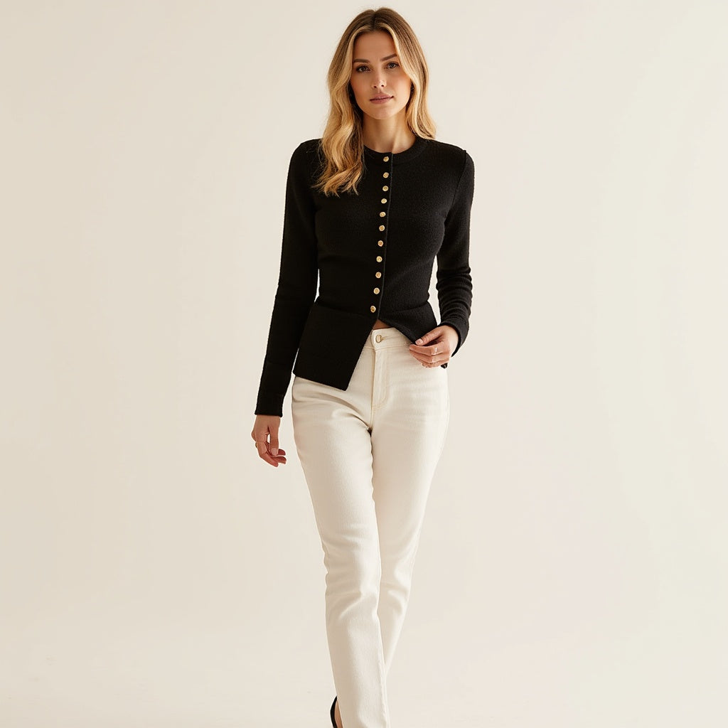 Wilda Vest | Dames Herfst Zwart Gebreid Vest met Knoopsluiting