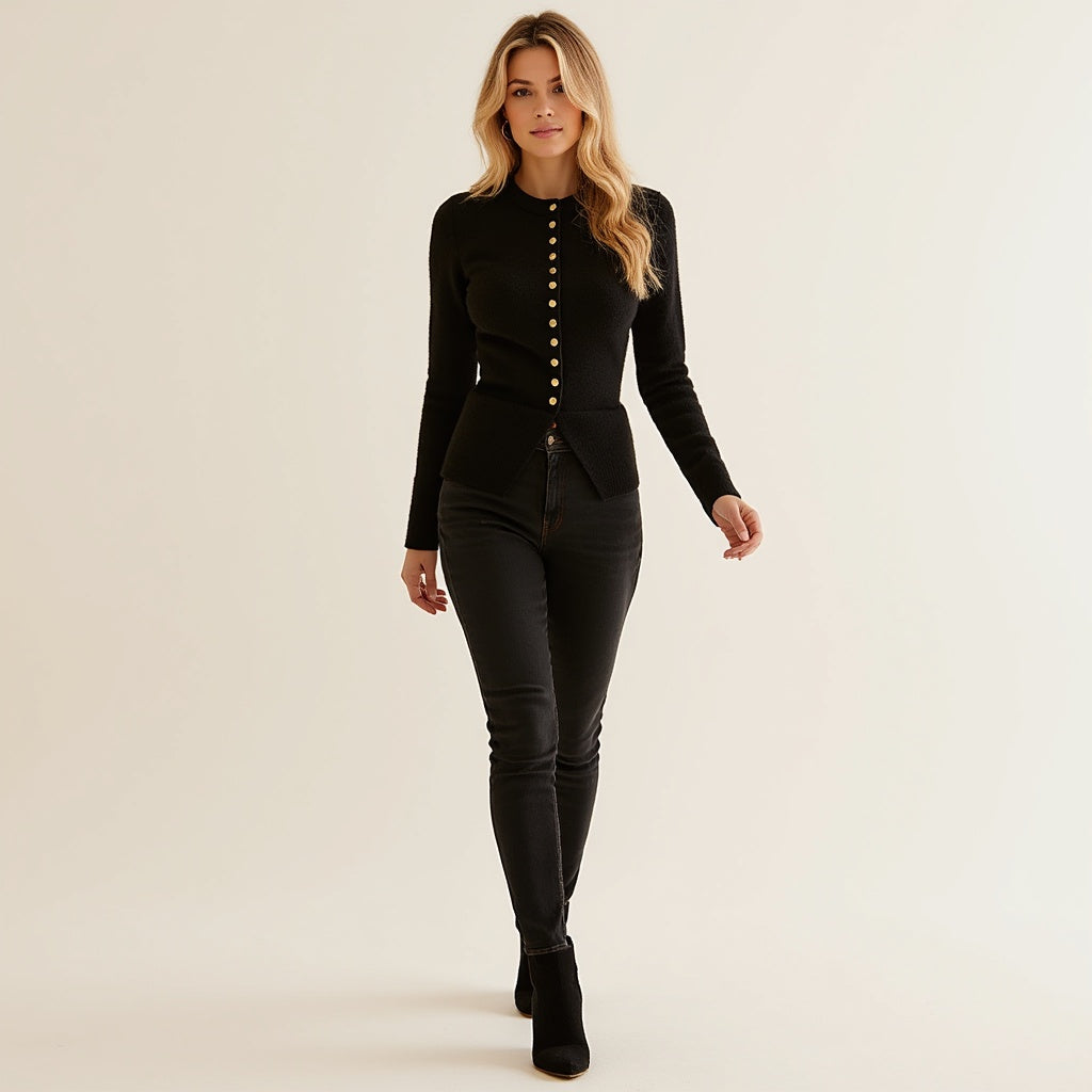 Wilda Vest | Dames Herfst Zwart Gebreid Vest met Knoopsluiting