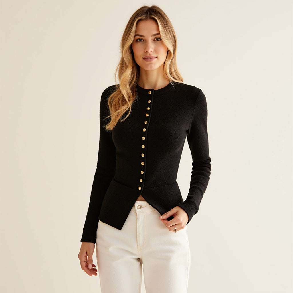 Wilda Vest | Dames Herfst Zwart Gebreid Vest met Knoopsluiting