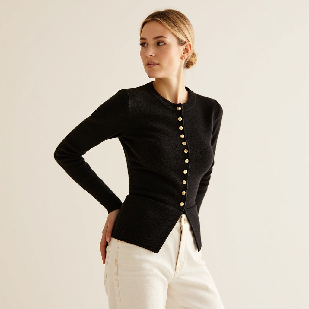 Wilda Vest | Dames Herfst Zwart Gebreid Vest met Knoopsluiting