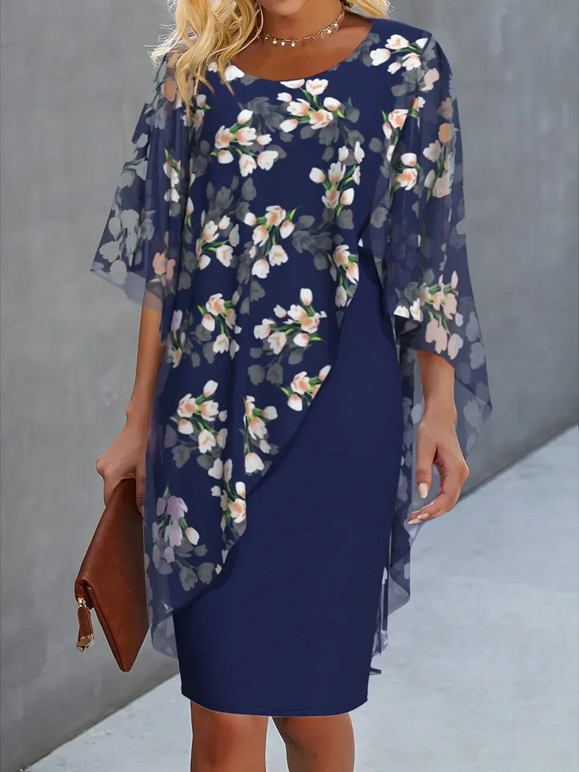 Women's Wedding Guest Midi Dress with Chiffon Cape