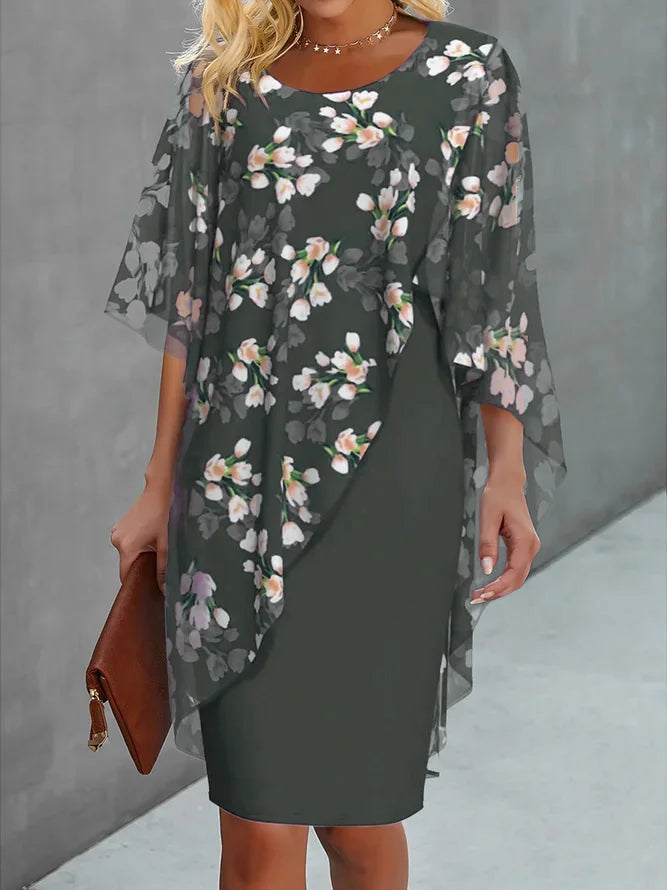 Women's Wedding Guest Midi Dress with Chiffon Cape
