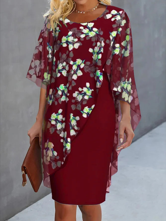Women's Wedding Guest Midi Dress with Chiffon Cape