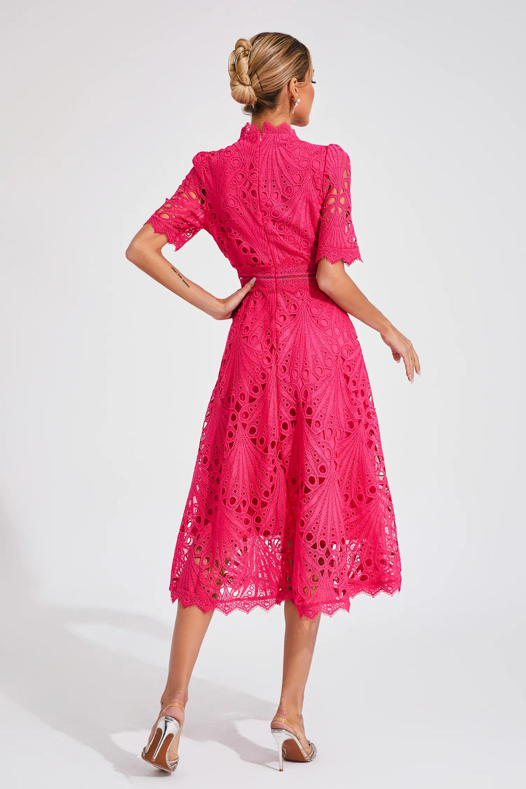 Dames Roze Kerst Midi Jurk met Uitlopende Rok