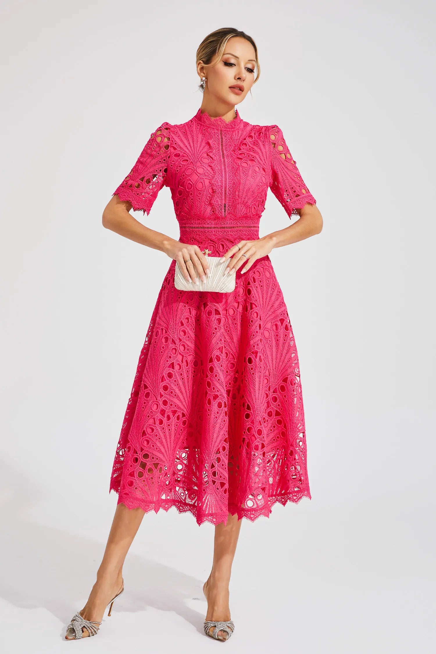 Dames Roze Kerst Midi Jurk met Uitlopende Rok