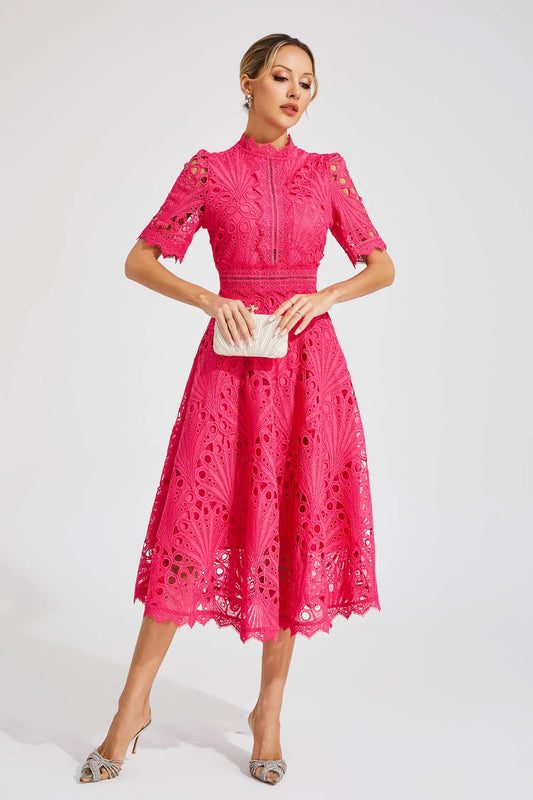 Dames Roze Kerst Midi Jurk met Uitlopende Rok