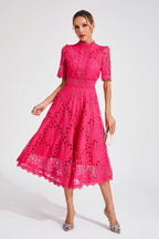 Dames Roze Kerst Midi Jurk met Uitlopende Rok