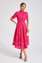 Dames Roze Kerst Midi Jurk met Uitlopende Rok