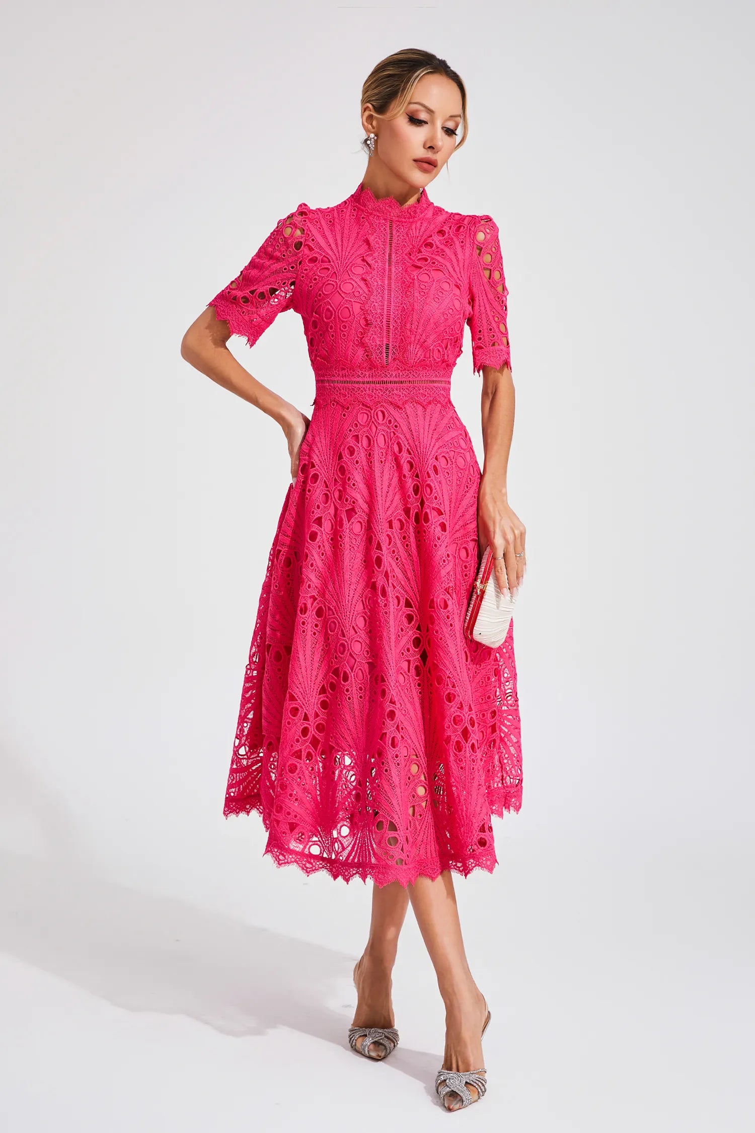 Dames Roze Kerst Midi Jurk met Uitlopende Rok