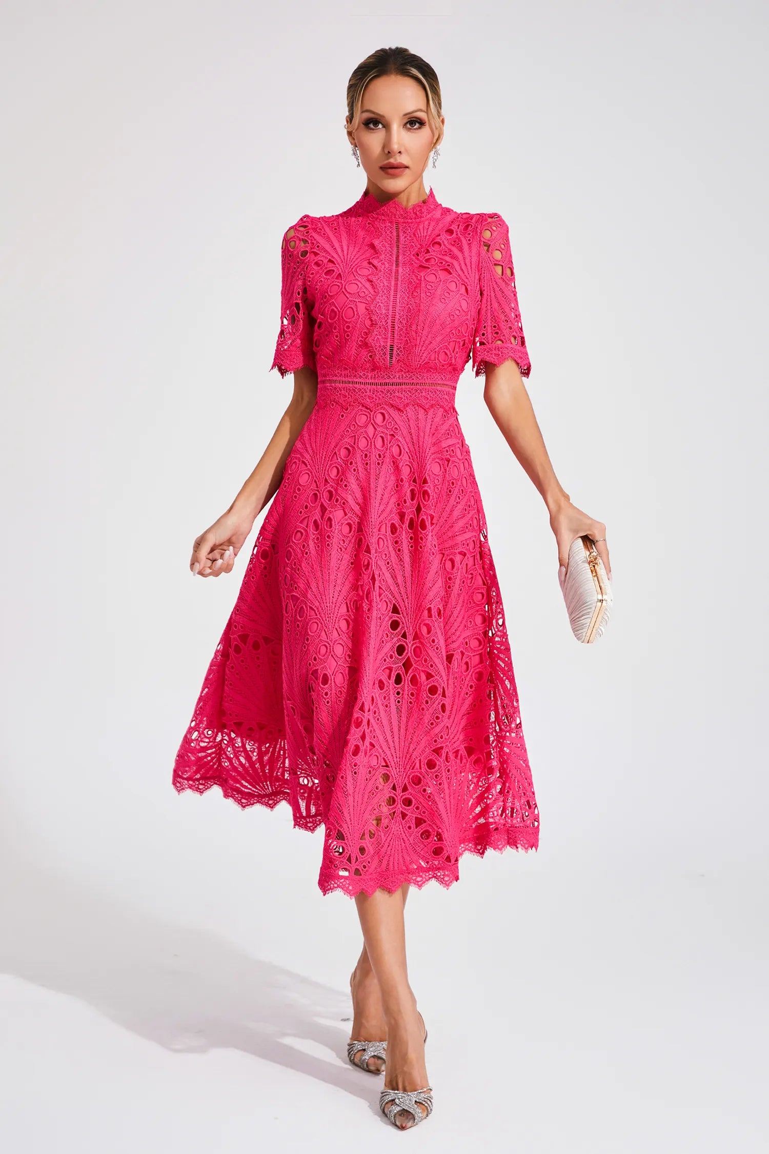 Dames Roze Kerst Midi Jurk met Uitlopende Rok