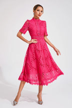 Dames Roze Kerst Midi Jurk met Uitlopende Rok