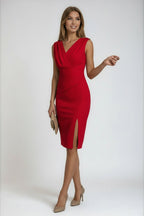 Dames Midi Jurk met Gedrapeerde V Hals