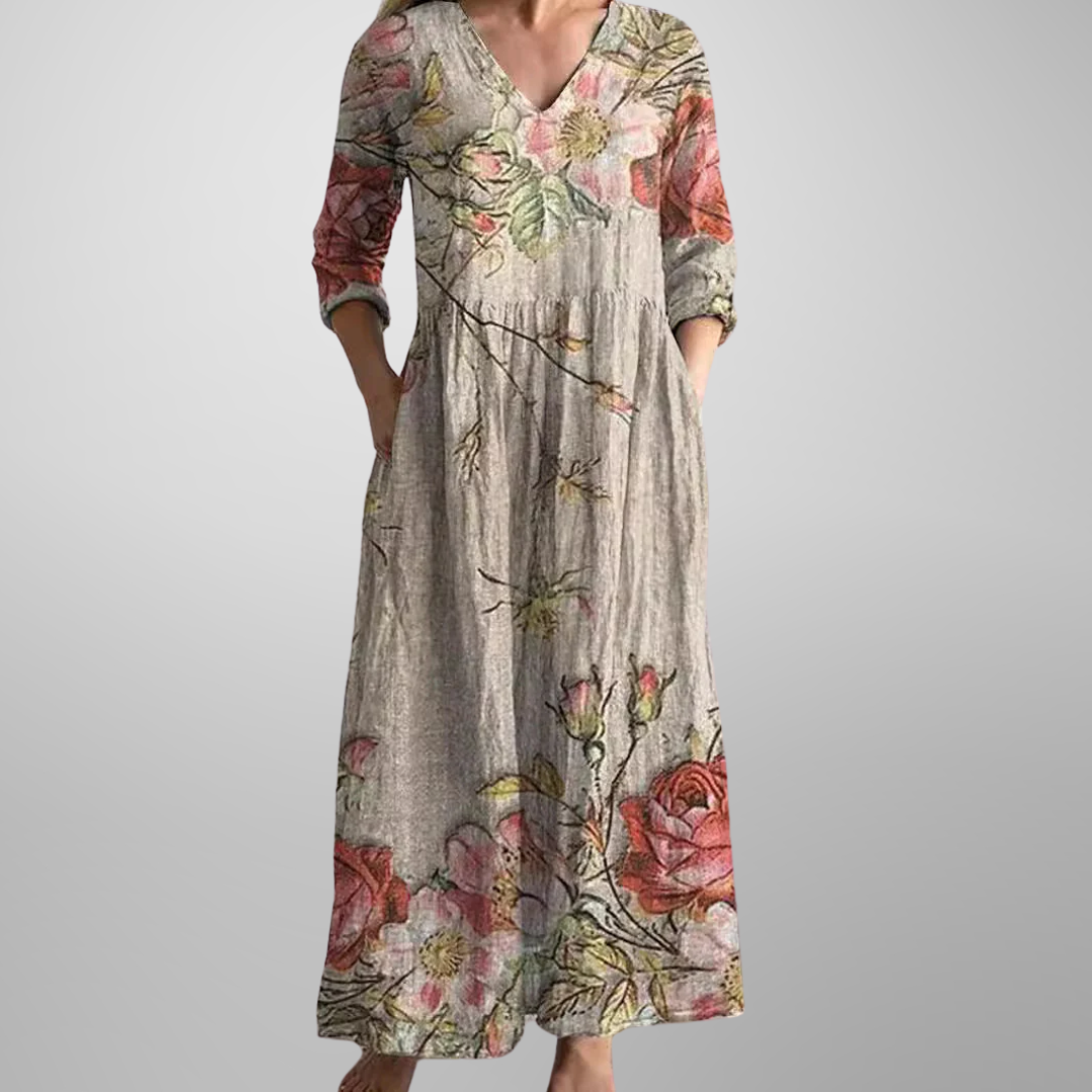 Dames Bloemenprint Maxi Jurk met V Hals