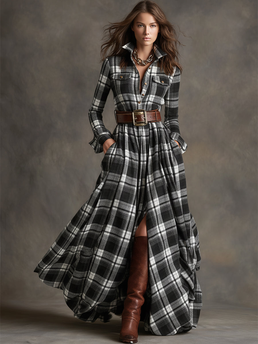 Dames Klassieke Shirt Maxi Jurk met Knopen