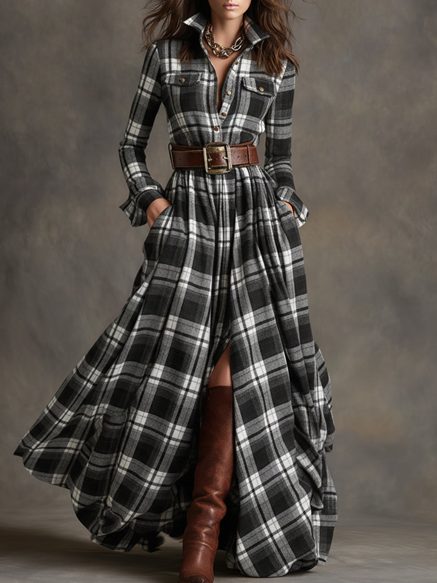 Dames Klassieke Shirt Maxi Jurk met Knopen