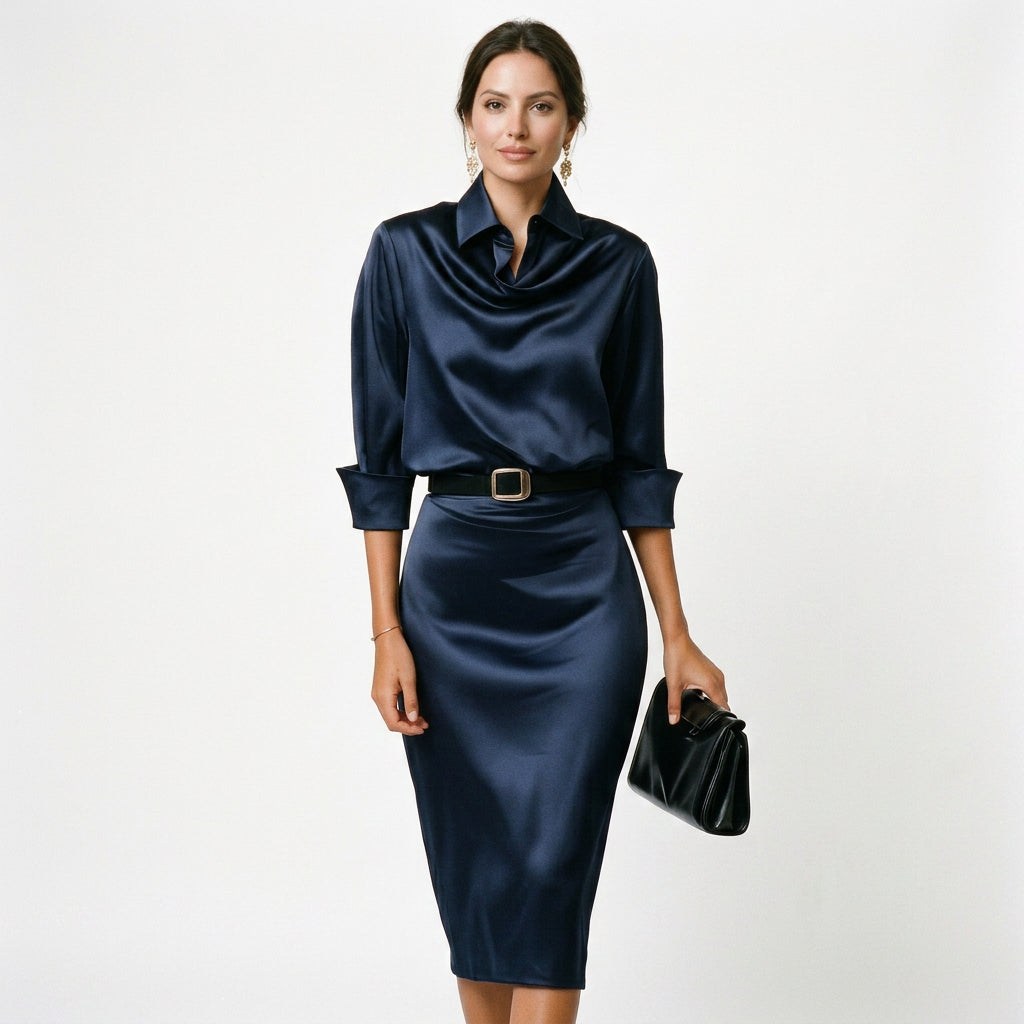Dames Satijnen Cocktail Midi Jurk