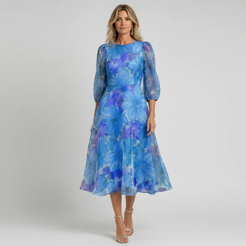 Women's Floral Print Midi Dress Puff Sleeves
