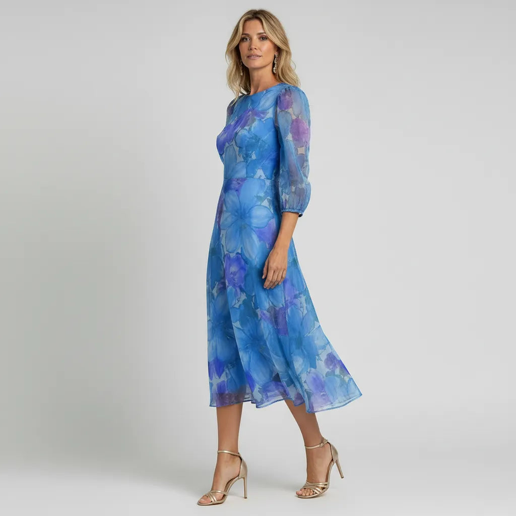 Women's Floral Print Midi Dress Puff Sleeves