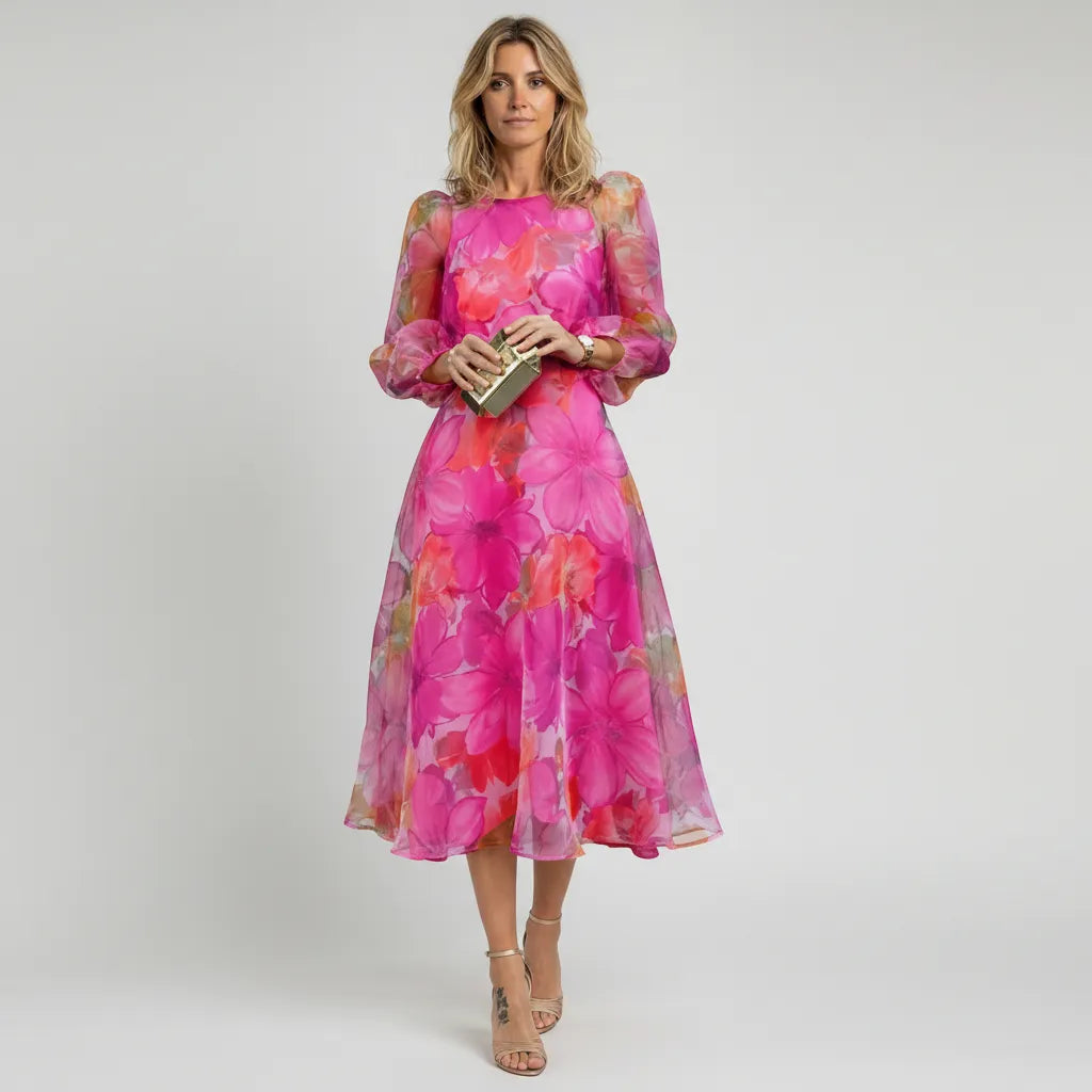 Women's Floral Print Midi Dress Puff Sleeves