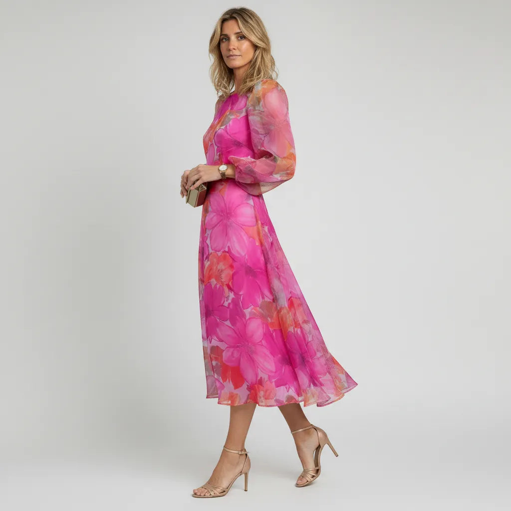 Women's Floral Print Midi Dress Puff Sleeves