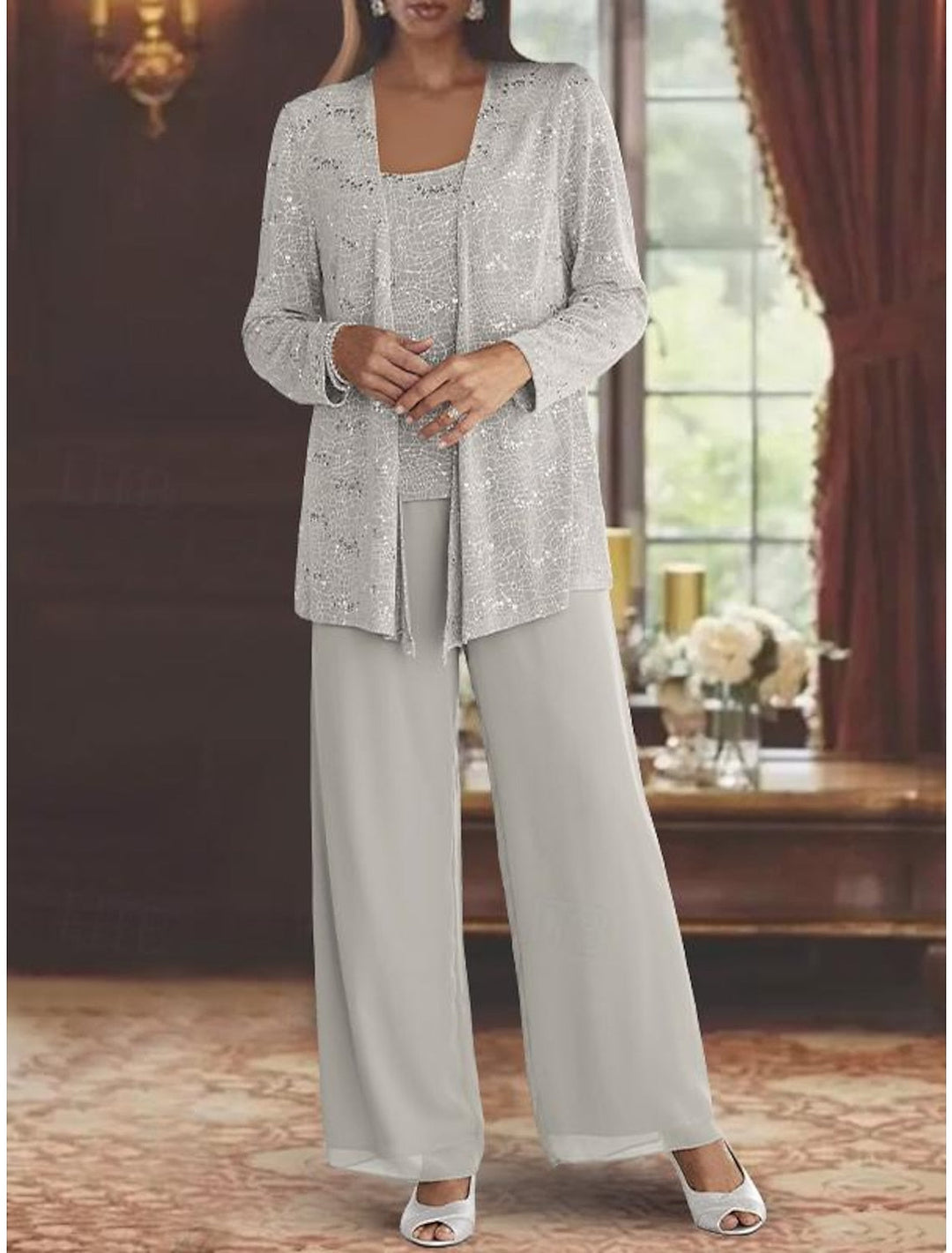 Dames Chiffon Broekpak met Pailletten Jas