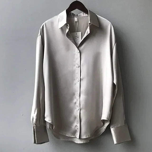 Dames Satijnen Blouse Lange Mouwen met Knopen