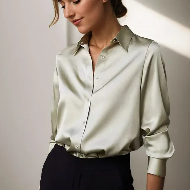 Dames Satijnen Blouse Lange Mouwen met Knopen