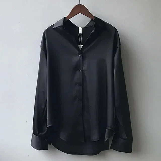 Dames Satijnen Blouse Lange Mouwen met Knopen