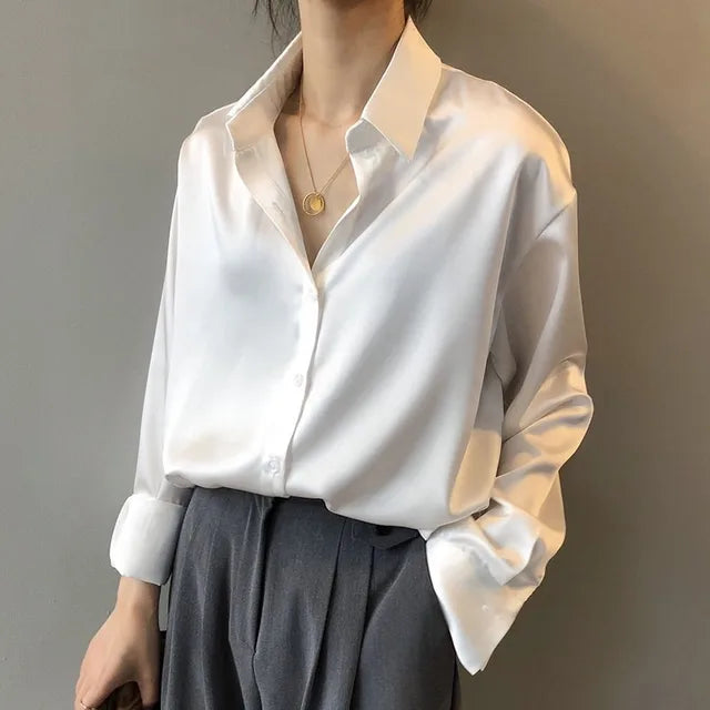 Dames Satijnen Blouse Lange Mouwen met Knopen
