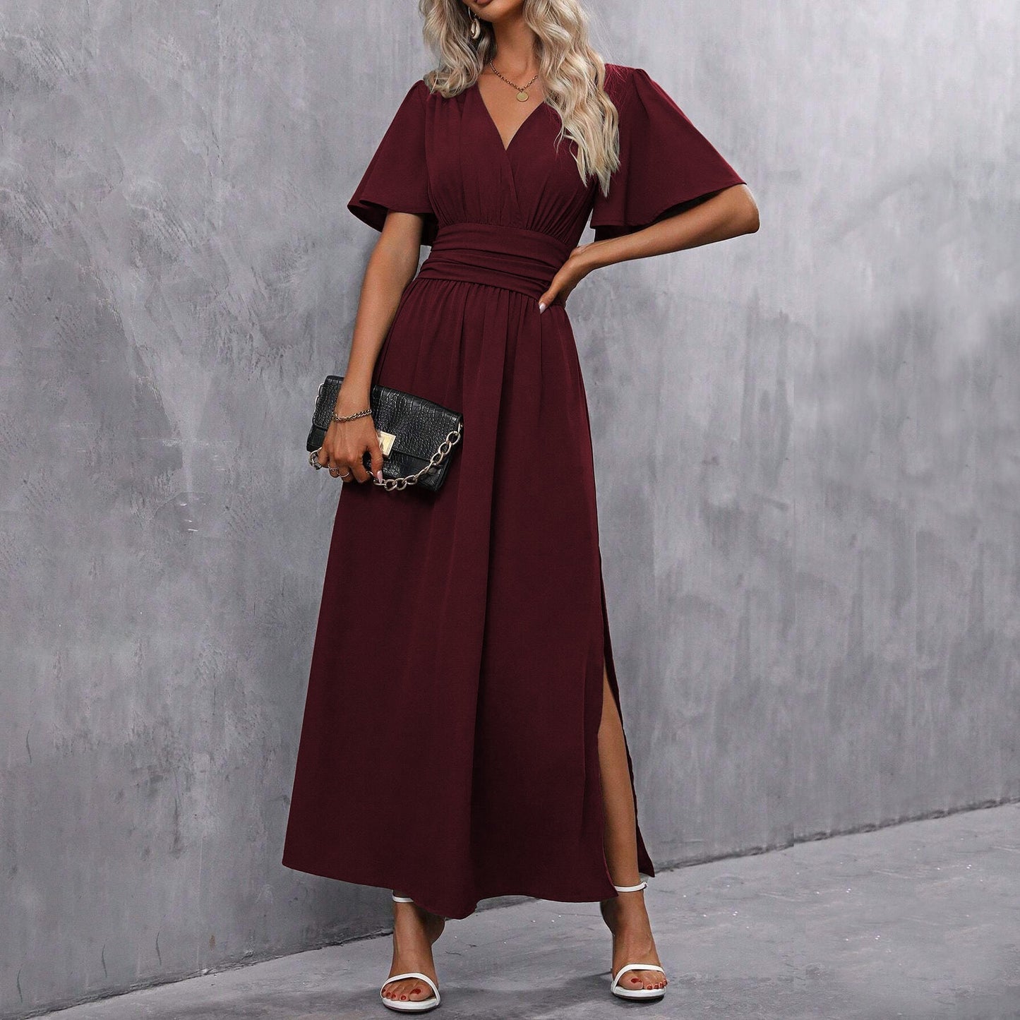 Vickie Jurk | Dames Herfst Maxi Jurk met Korte Mouwen, V-Hals en Split