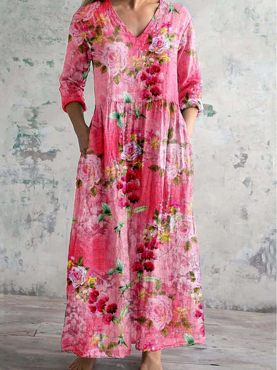 Dames Bloemenprint Maxi Jurk met V Hals