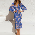 Dames Bloemenprint Midi Jurk Lange Mouwen