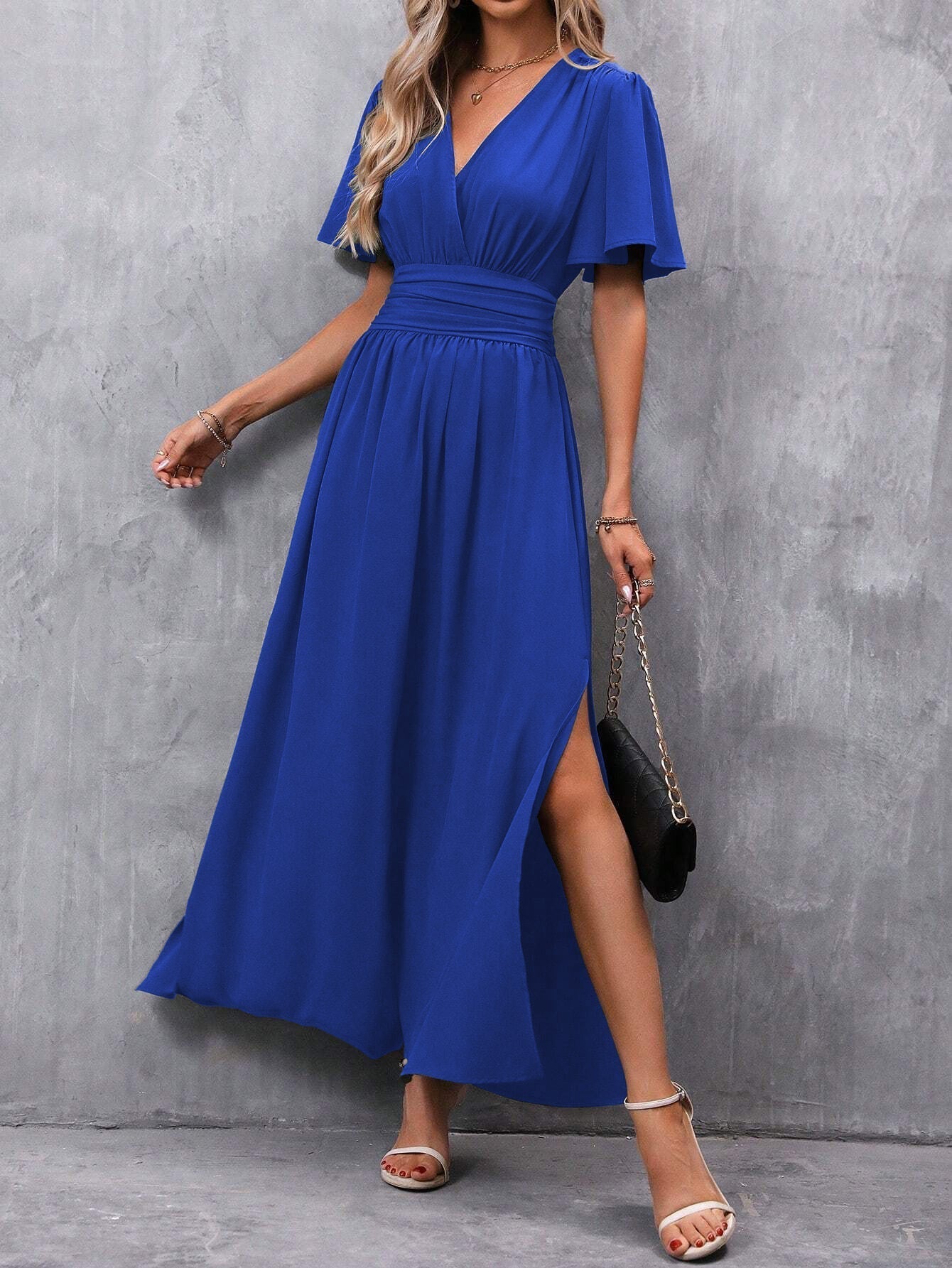 Vickie Jurk | Dames Herfst Maxi Jurk met Korte Mouwen, V-Hals en Split