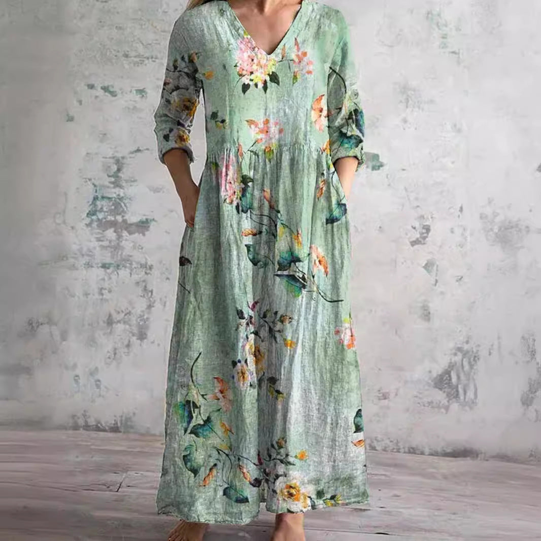 Dames Bloemenprint Maxi Jurk met V Hals