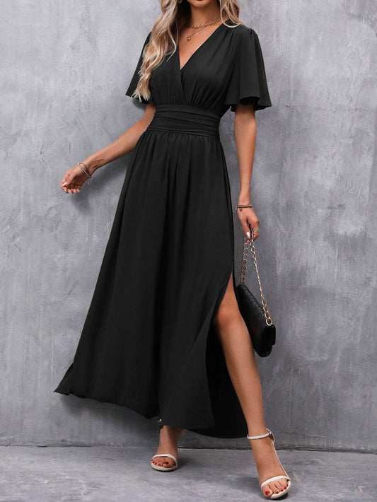 Vickie Jurk | Dames Herfst Maxi Jurk met Korte Mouwen, V-Hals en Split
